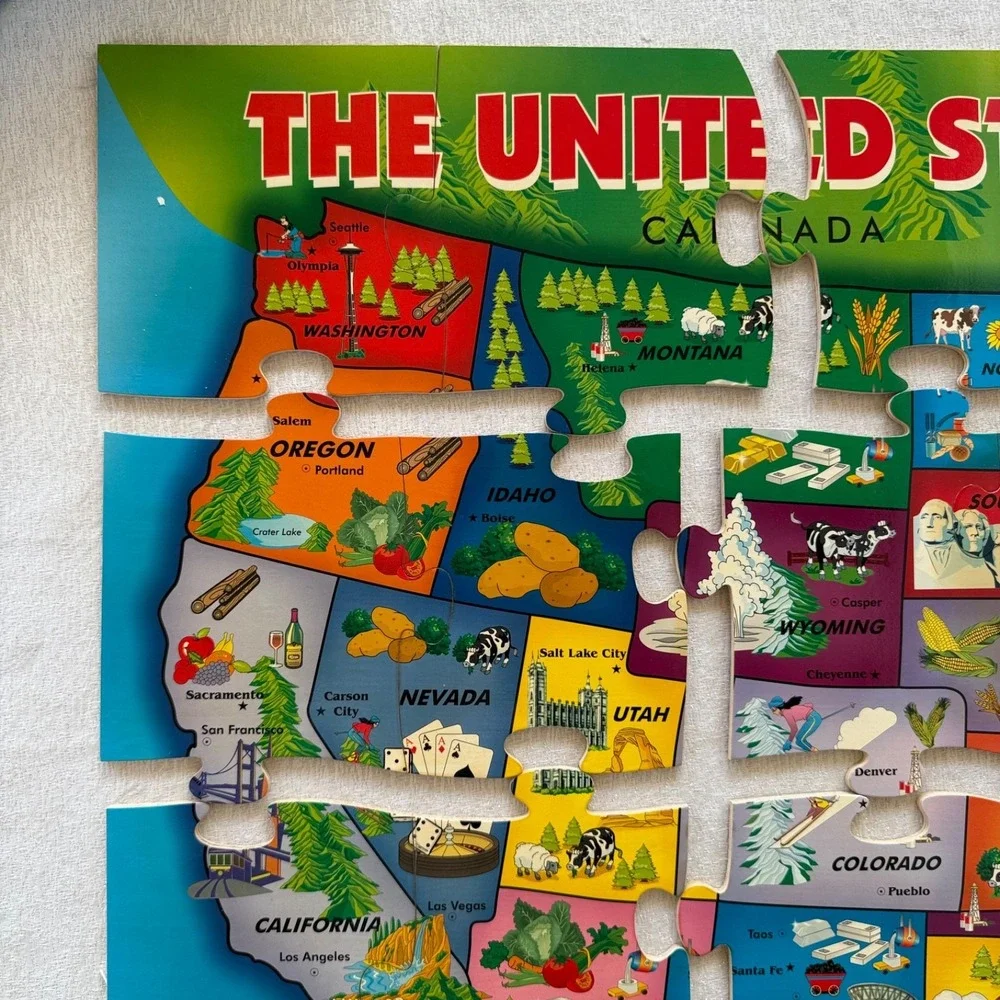 Vintage First Learning Wooden USA Map Floor Puzzle 26 Pcs 36x24 Complete OpenBox